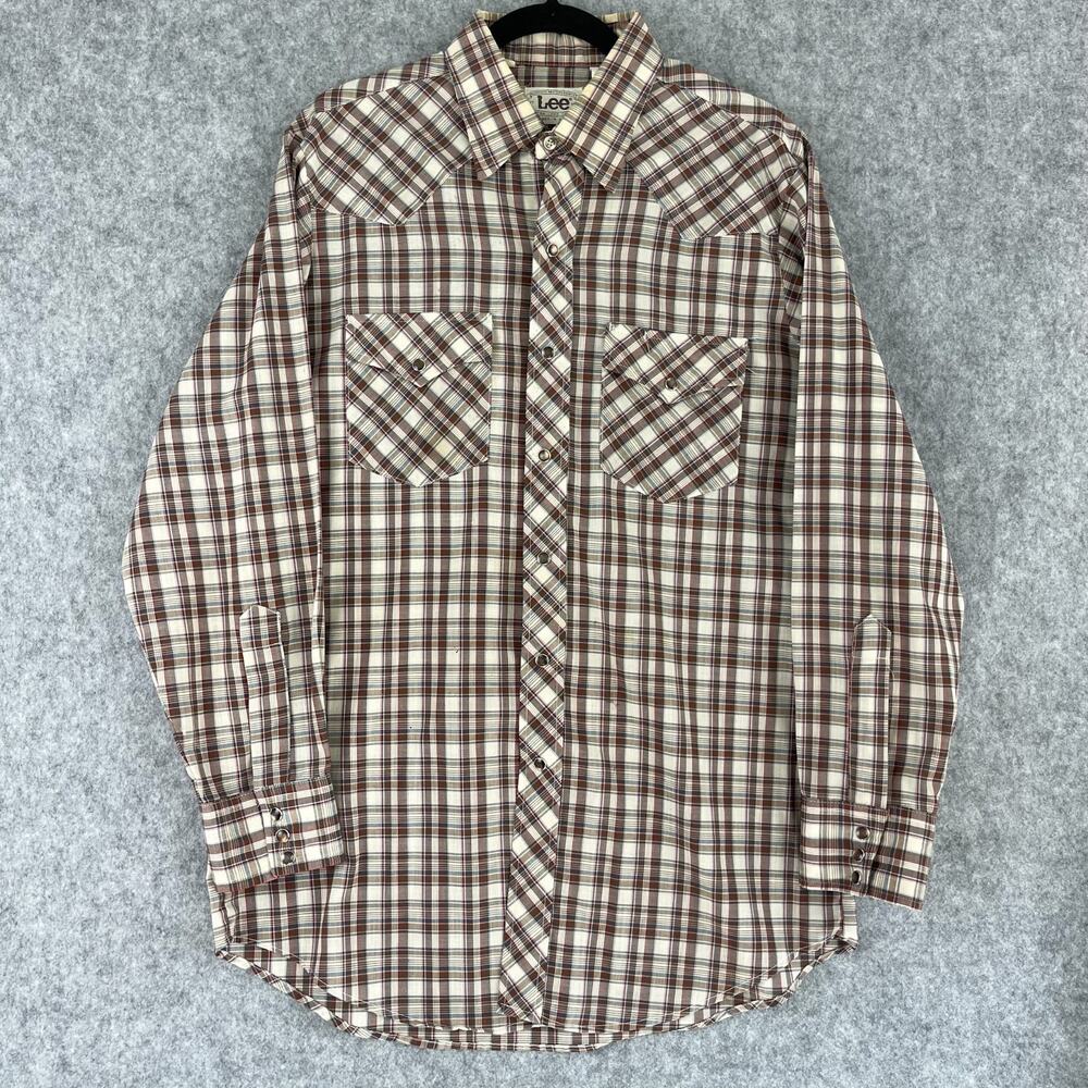 Vintage Lee Western Shirt Mens Large Plaid Pearl Snap Cowboy Rodeo USA 70s FLAWS